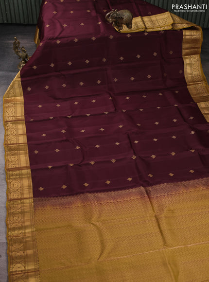 Kanchipuram silk saree coffee brown and mustard green with zari woven buttas and zari woven border