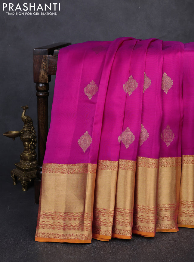 Kanchipuram silk saree pink and mustard yellow with allover zari woven buttas and long rich zari woven border