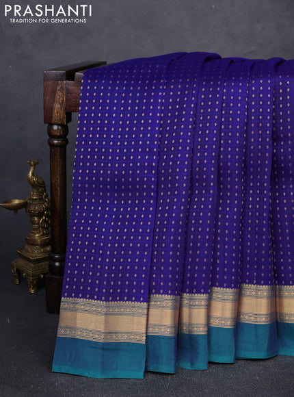 Kanchipuram silk saree royal blue and peacock green with allover zari woven thousand buttas and zari woven simple border