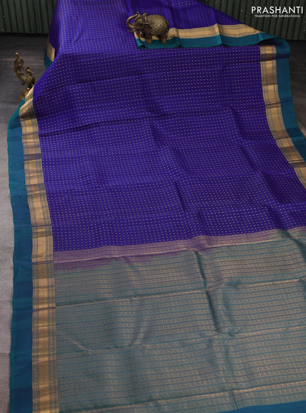 Kanchipuram silk saree royal blue and peacock green with allover zari woven thousand buttas and zari woven simple border