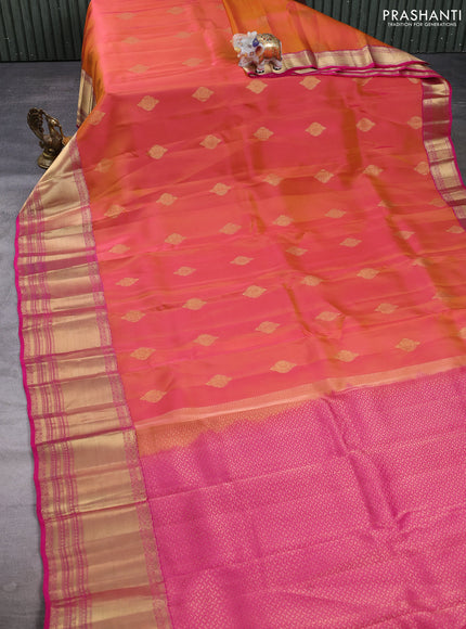 Kanchipuram silk saree sunset orange and pink with zari woven buttas and long rich zari woven border