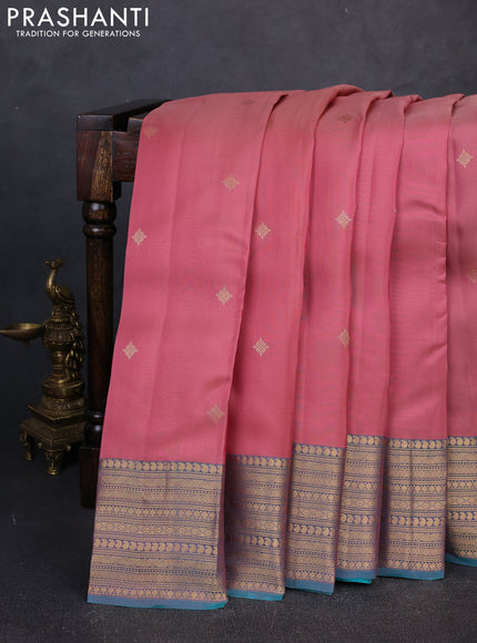 Kanchipuram silk saree mauve pink and peacock green with zari woven buttas and long zari woven border