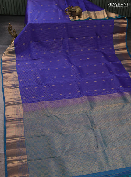 Kanchipuram silk saree royal blue and peacock green with allover zari checks & buttas and rich zari woven border