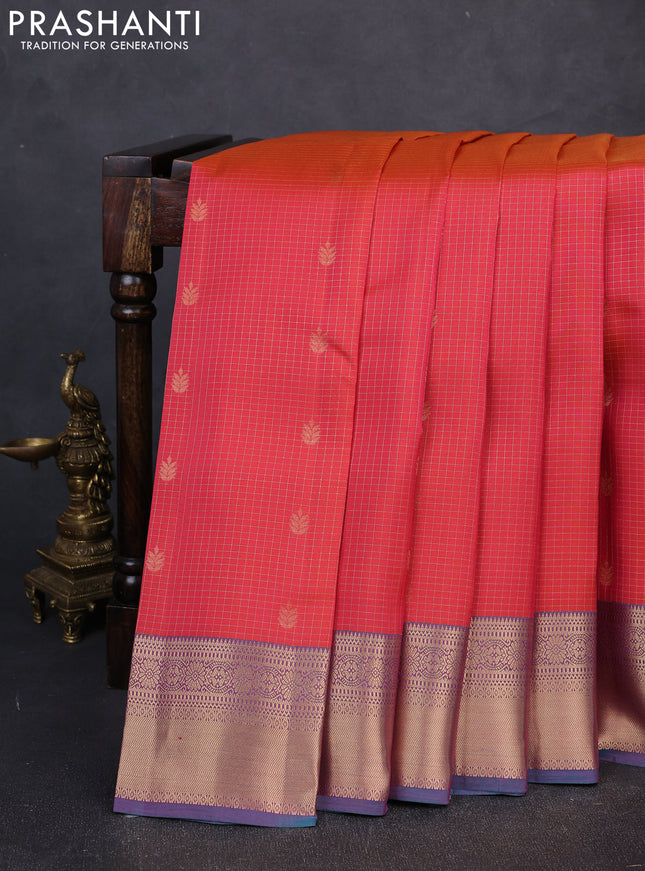 Kanchipuram silk saree red shade and dual shade of teal green with allover zari checks & buttas and rich zari woven border