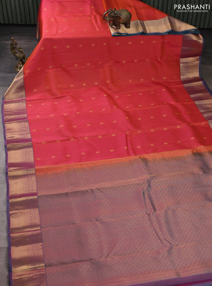 Kanchipuram silk saree red shade and dual shade of teal green with allover zari checks & buttas and rich zari woven border