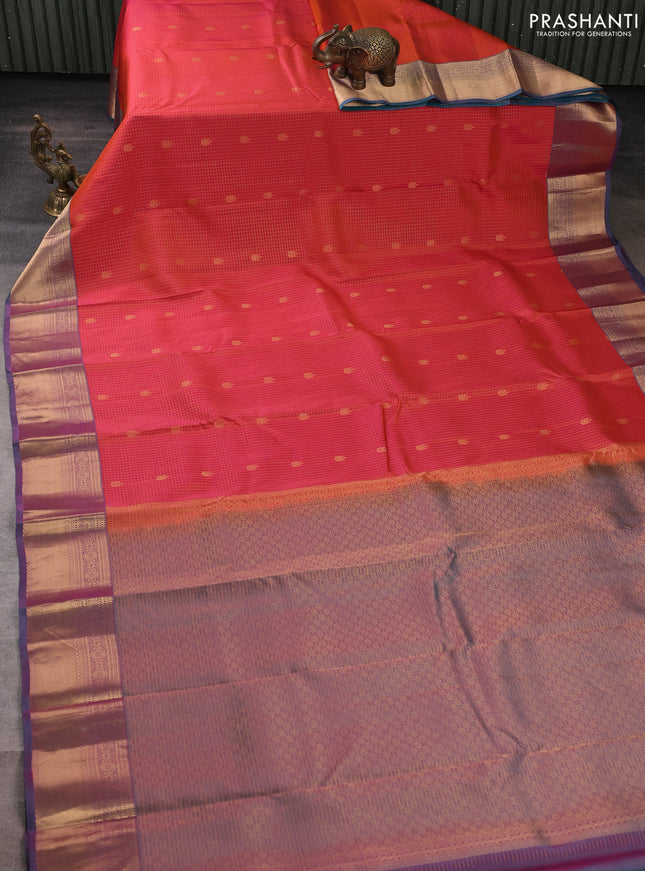 Kanchipuram silk saree red shade and dual shade of teal green with allover zari checks & buttas and rich zari woven border