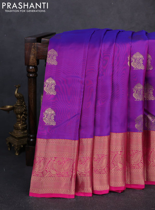 Kanchipuram silk saree purple and pink with peacock zari woven buttas and long zari woven border