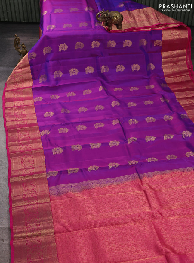 Kanchipuram silk saree purple and pink with peacock zari woven buttas and long zari woven border