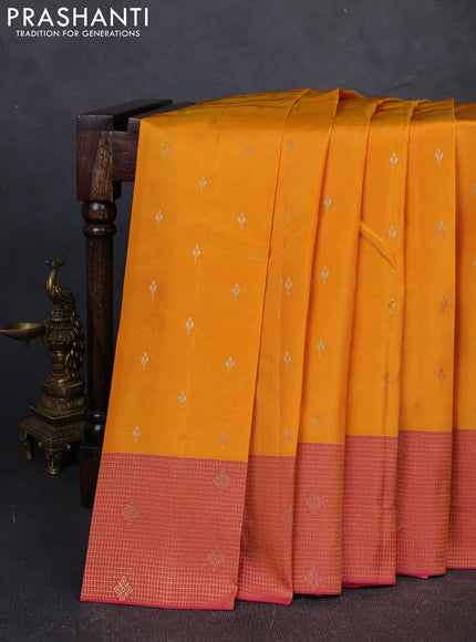 Kanchipuram silk saree mustard yellow and dual shade of pink with allover zari woven buttas and long zari woven border