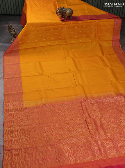 Kanchipuram silk saree mustard yellow and dual shade of pink with allover zari woven buttas and long zari woven border
