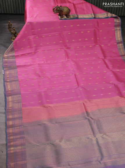 Kanchipuram silk saree light pink and dual shade of teal green with allover zari woven buttas and zari woven border