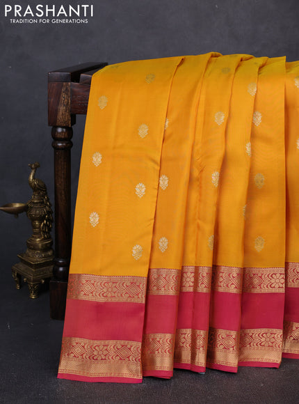 Kanchipuram silk saree mustard yellow and dual shade of pink with allover zari woven buttas and rettapet zari woven border