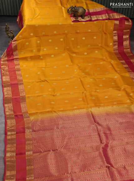 Kanchipuram silk saree mustard yellow and dual shade of pink with allover zari woven buttas and rettapet zari woven border