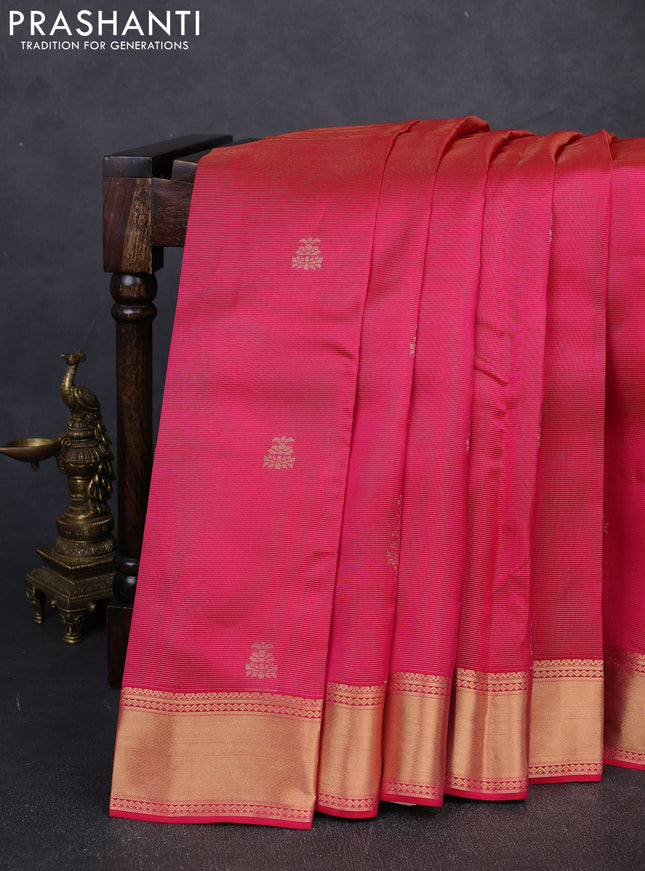 Kanchipuram silk saree tomato pink and beige with allover vairosi pattern & zari buttas and rich zari woven border