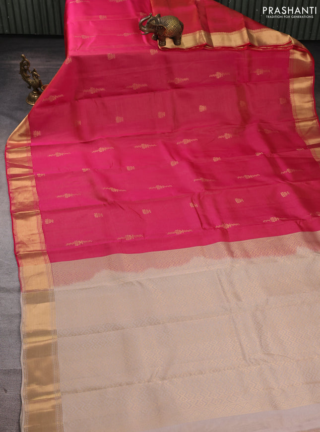 Kanchipuram silk saree tomato pink and beige with allover vairosi pattern & zari buttas and rich zari woven border