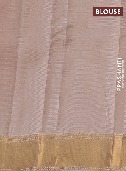 Kanchipuram silk saree tomato pink and beige with allover vairosi pattern & zari buttas and rich zari woven border