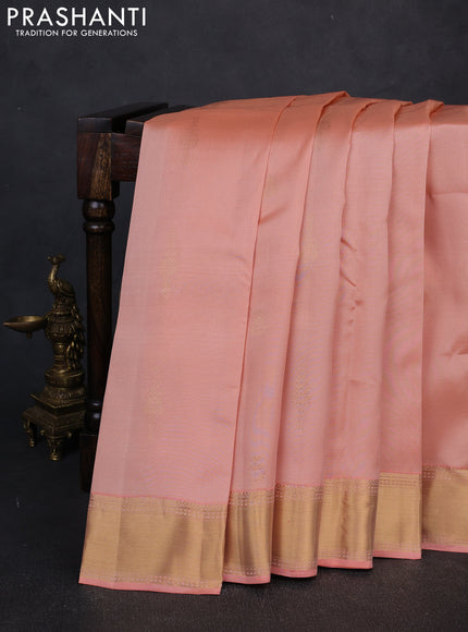 Kanchipuram silk saree peach and peacock green with allover vairosi pattern & zari buttas and rich zari woven border