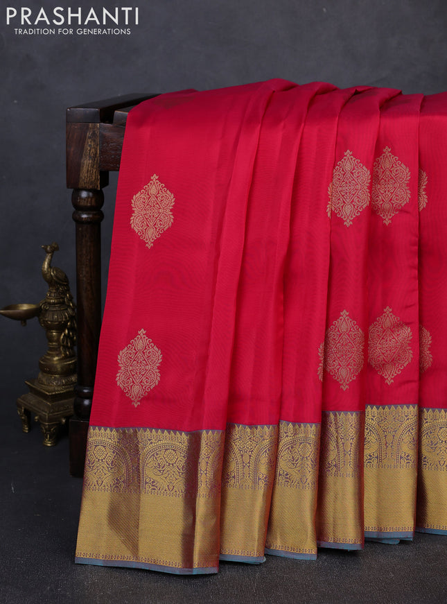 Kanchipuram silk saree red and teal green with zari woven buttas and rich zari woven border