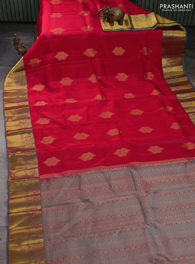 Kanchipuram silk saree red and teal green with zari woven buttas and rich zari woven border