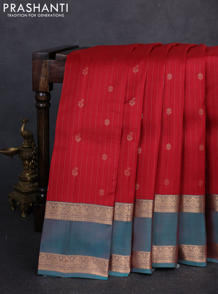 Kanchipuram silk saree maroon and dual shade of teal green with allover zari woven stripes & buttas and rettapet zari woven border