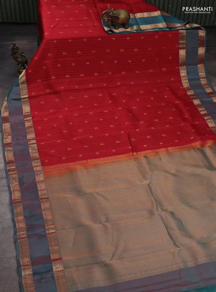 Kanchipuram silk saree maroon and dual shade of teal green with allover zari woven stripes & buttas and rettapet zari woven border