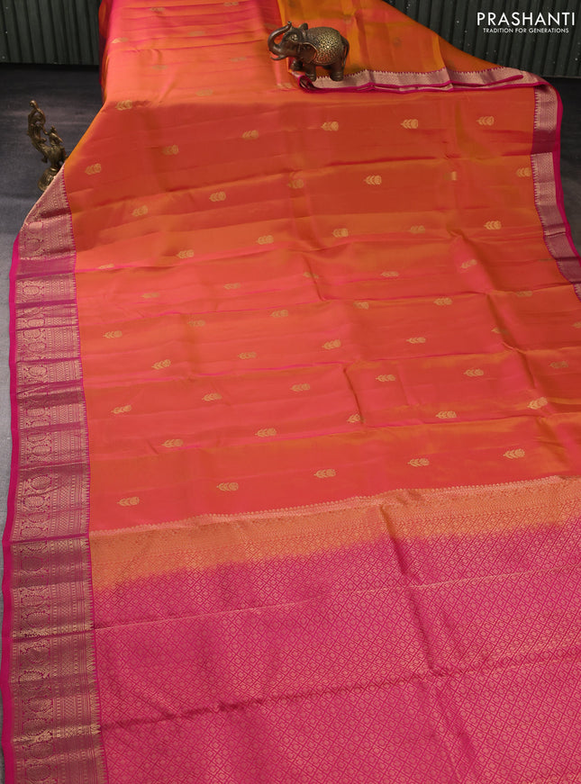 Kanchipuram silk saree sunset orange and pink with zari woven buttas and long zari woven border