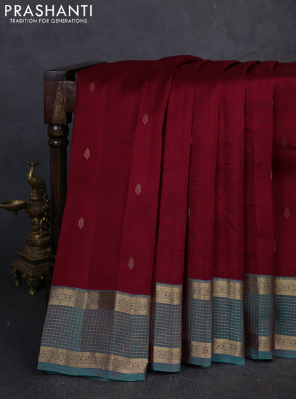 Kanchipuram silk saree maroon and dual shade of teal green with zari woven buttas and zari woven border