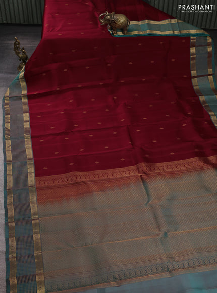 Kanchipuram silk saree maroon and dual shade of teal green with zari woven buttas and zari woven border