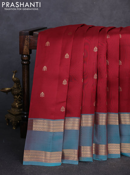 Kanchipuram silk saree maroon and peacock green with zari woven buttas and rettapet zari woven border