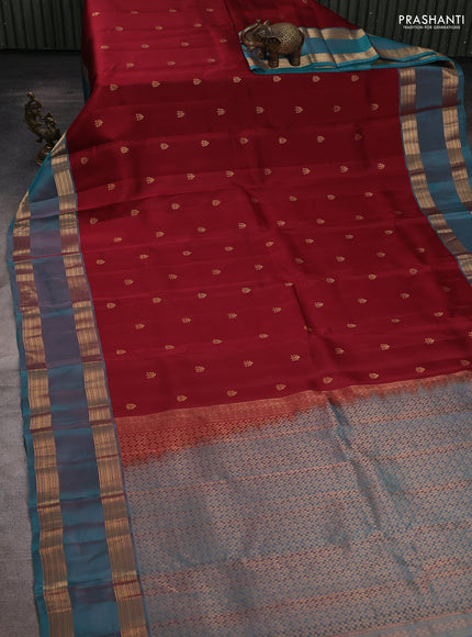 Kanchipuram silk saree maroon and peacock green with zari woven buttas and rettapet zari woven border