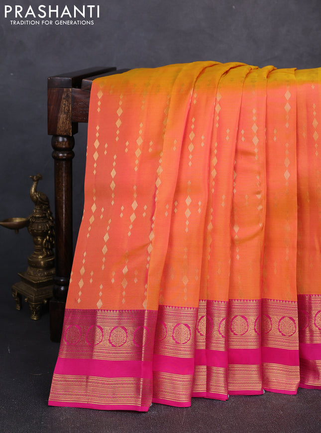 Kanchipuram silk saree sunset orange and pink with allover zari woven geometric buttas and rettapet zari woven border