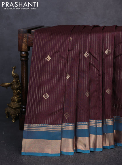 Kanchipuram silk saree coffee brown and peacock green with allover zari woven stripes & buttas and long rich zari woven border