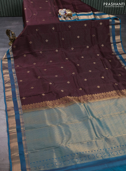 Kanchipuram silk saree coffee brown and peacock green with allover zari woven stripes & buttas and long rich zari woven border
