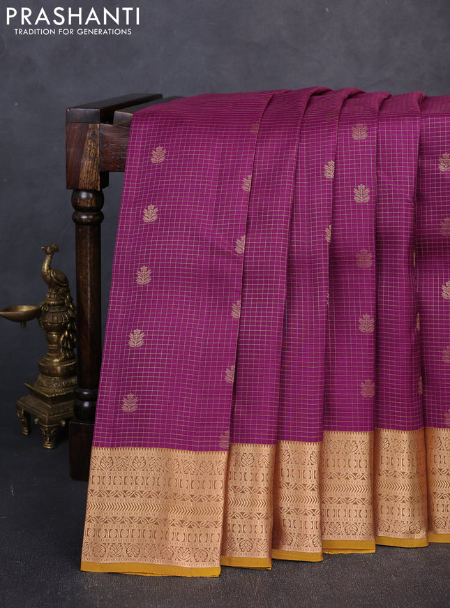 Kanchipuram silk saree purple and mustard yellow with allover zari woven checks & buttas and long zari woven border
