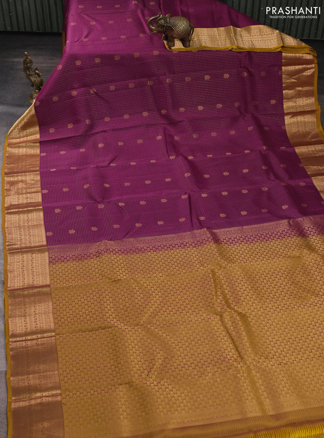 Kanchipuram silk saree purple and mustard yellow with allover zari woven checks & buttas and long zari woven border