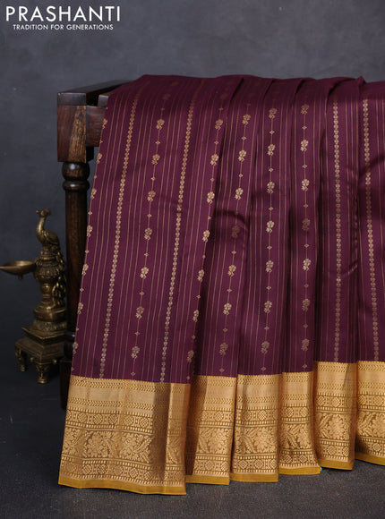 Kanchipuram silk saree deep wine and mustard green with allover zari stripe pattern and long zari woven border