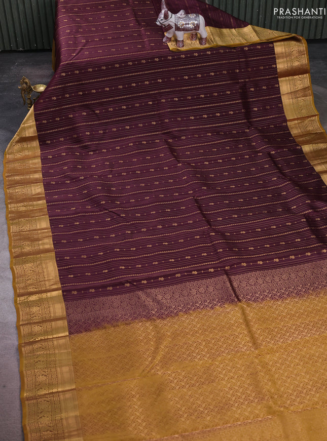 Kanchipuram silk saree deep wine and mustard green with allover zari stripe pattern and long zari woven border