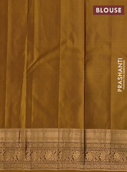 Kanchipuram silk saree deep wine and mustard green with allover zari stripe pattern and long zari woven border