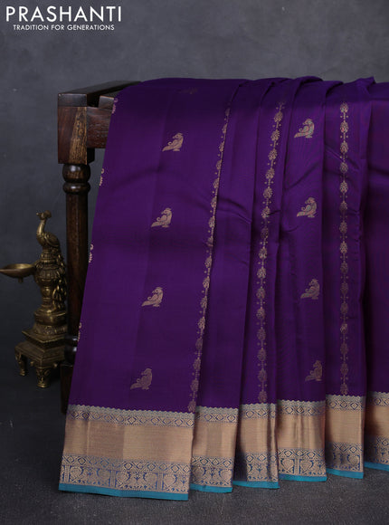 Kanchipuram silk saree purple and teal green with allover zari woven buttas and rich zari woven border