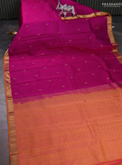 Kanchipuram silk saree pink and mustard yellow with zari woven buttas and small zari woven border