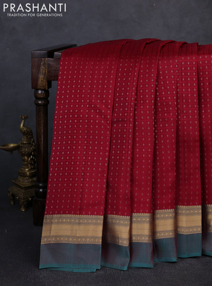 Kanchipuram silk saree maroon and dual shade of teal green with allover zari woven thousand buttas and zari woven simple border