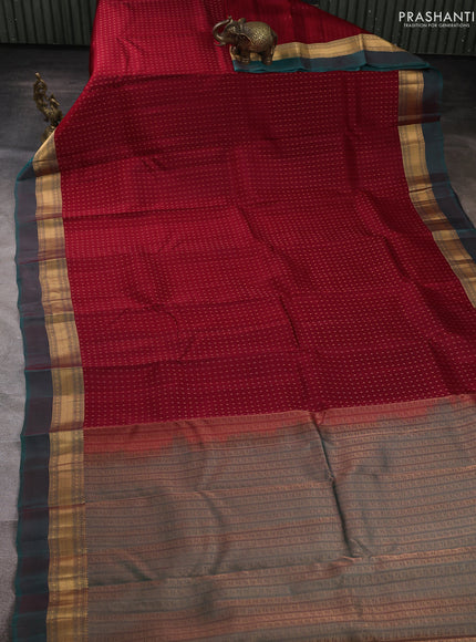 Kanchipuram silk saree maroon and dual shade of teal green with allover zari woven thousand buttas and zari woven simple border