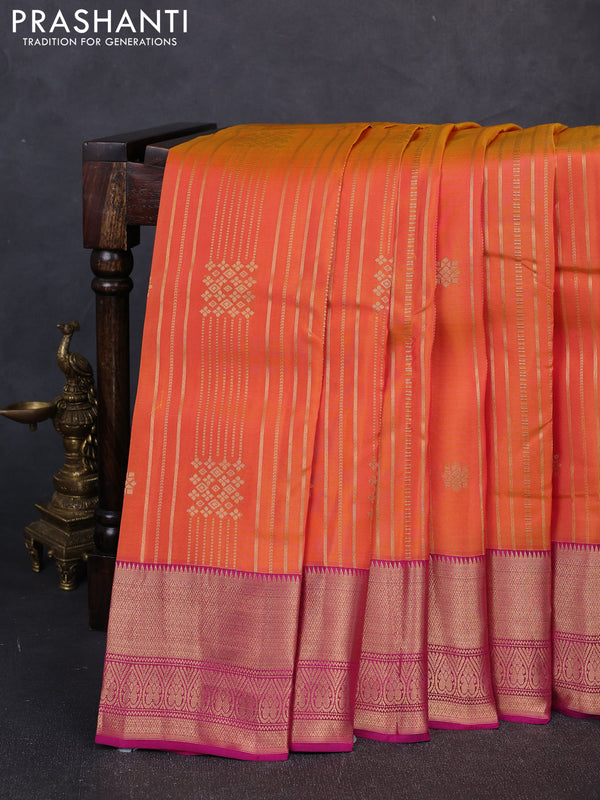Kanchipuram silk saree sunset orange and pink with allover zari weaves & buttas and long zari woven border