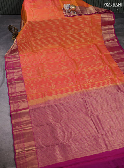 Kanchipuram silk saree sunset orange and pink with allover zari weaves & buttas and long zari woven border