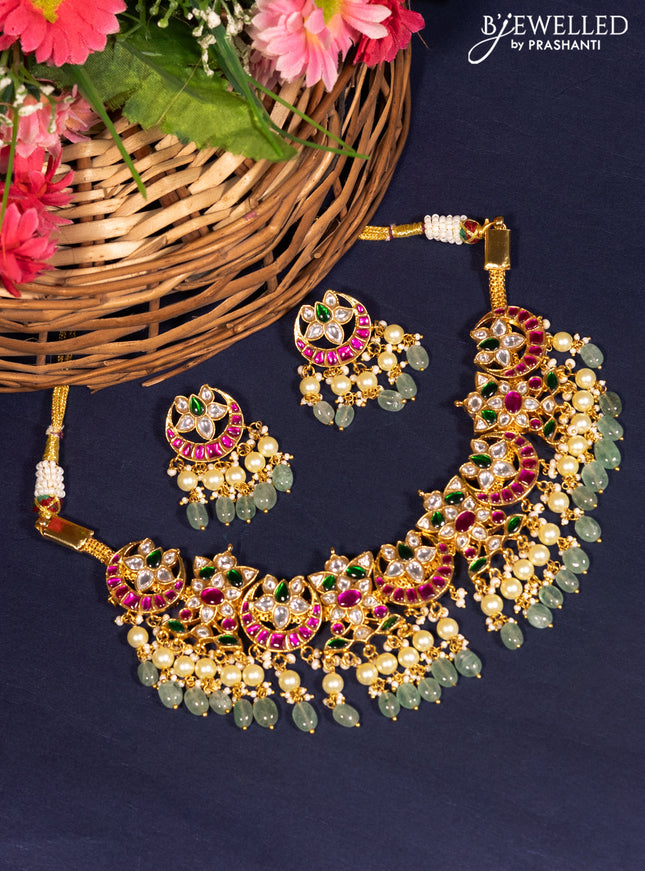 Jadau choker chandbali design with jadau kundan stones and natural beads & pearl hanging