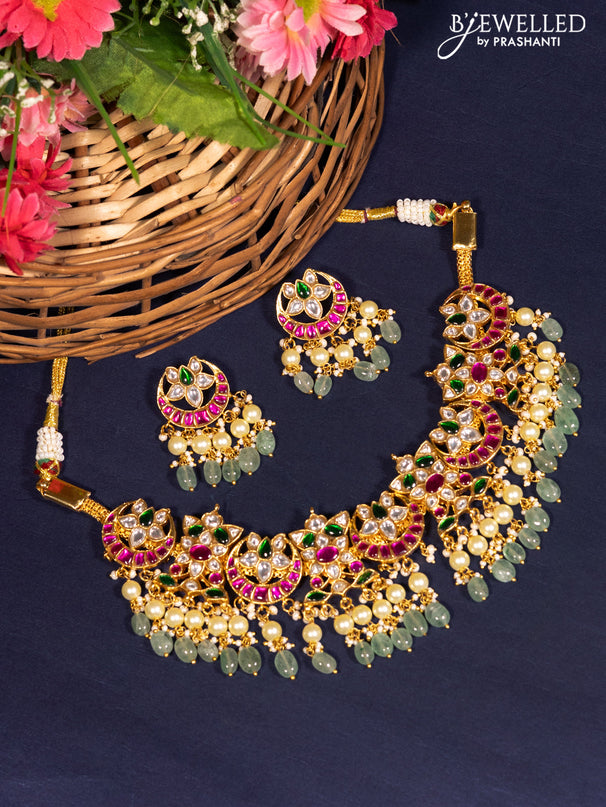 Jadau choker chandbali design with jadau kundan stones and natural beads & pearl hanging
