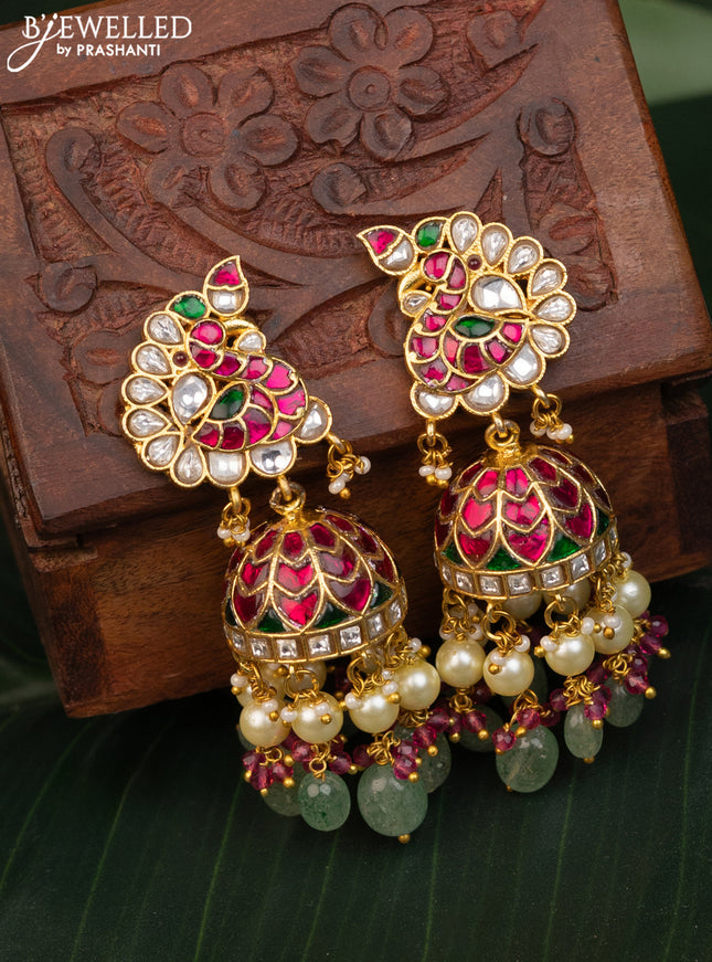 Jadau jhumka peacock design with jadau kundan stones and natural beads & pearl hanging