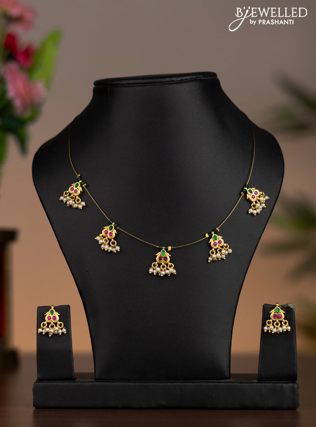 Invisible chain with kemp pachi kundan stones and pearl hangings