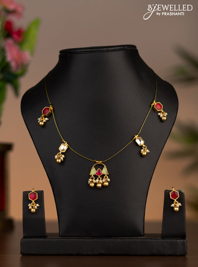 Invisible chain with kemp pachi kundan stones and pearl & golden beads hanging