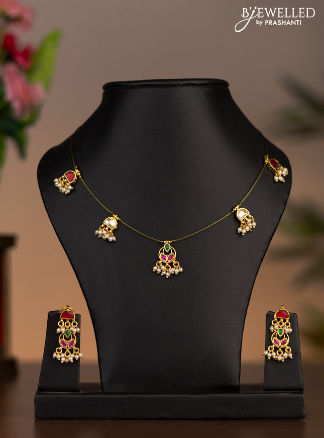 Invisible chain with kemp pachi kundan stones and pearl hangings